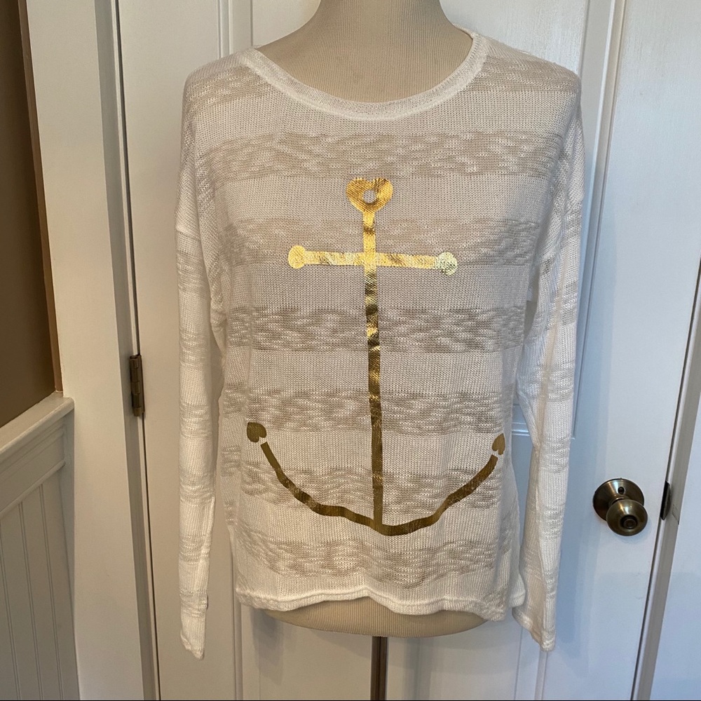 SURF GYPSY TOP WHITE GOLD ANCHOR DRAPED LOOSE Size S